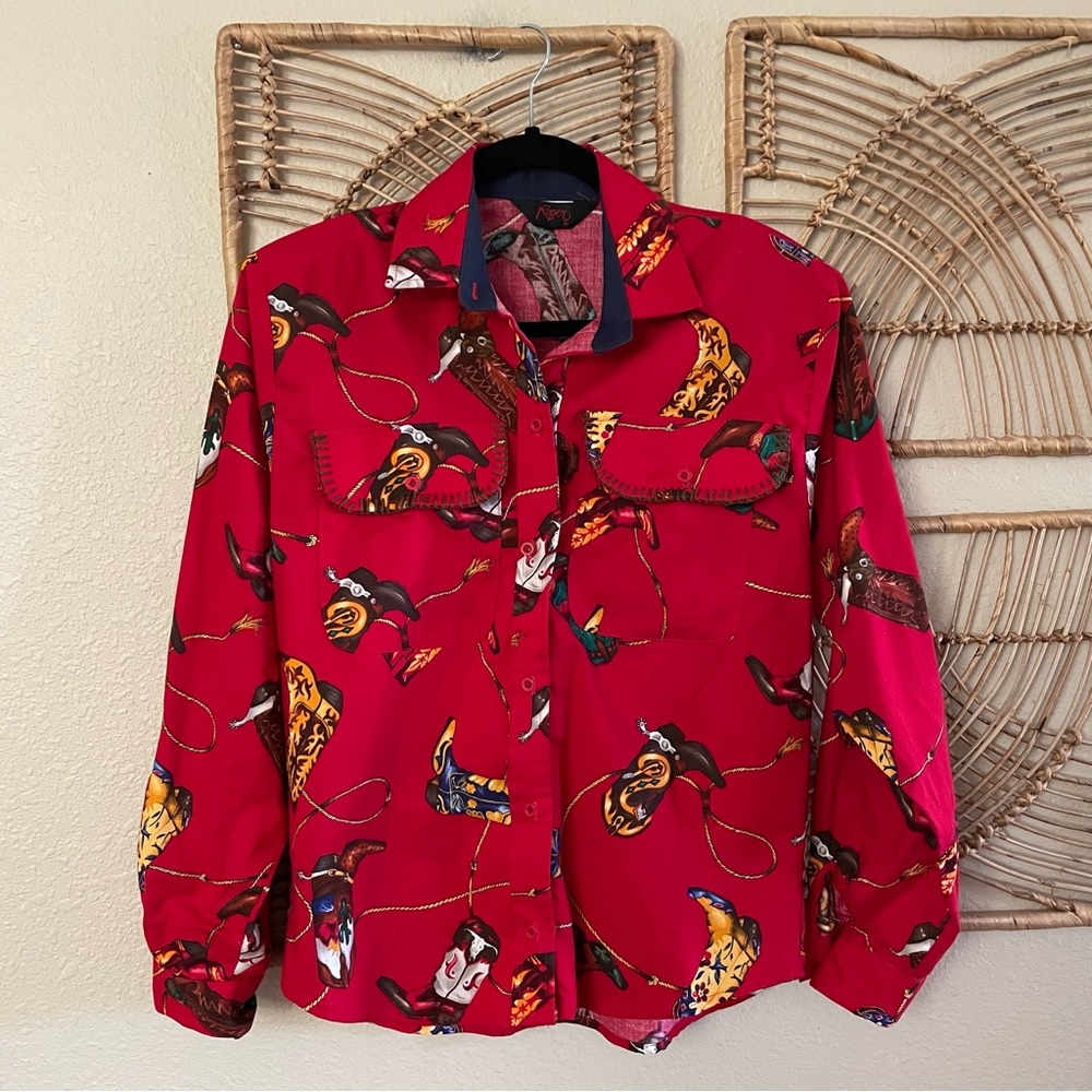 Vintage Roper Shirt Cowboy Boot Western Padded Shoulder Rodeo *see msrmts B37‎